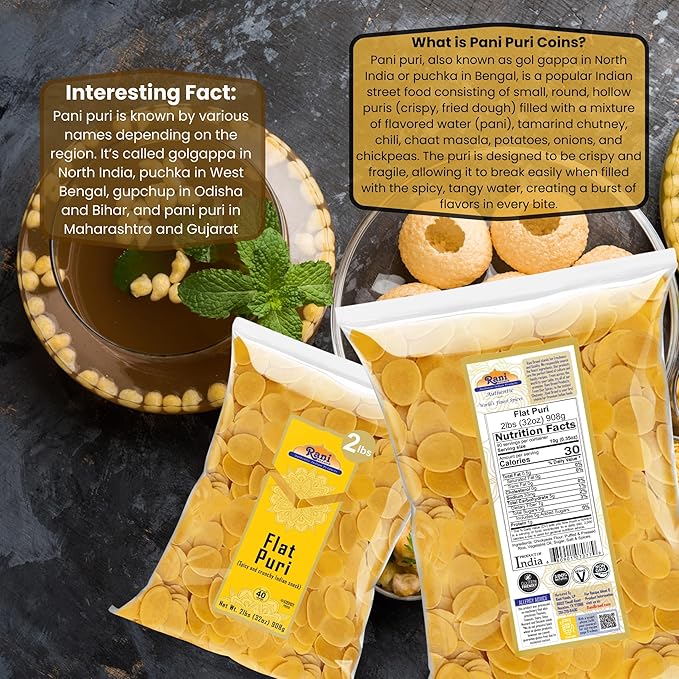 Rani Pani Puri Coins 32oz (2lbs) 907g, Bulk Pack 330-335 Coins ~ Uncooked, Microwaveable wheat and Semolina Coins ~ All Natural | Vegan | NON-GMO