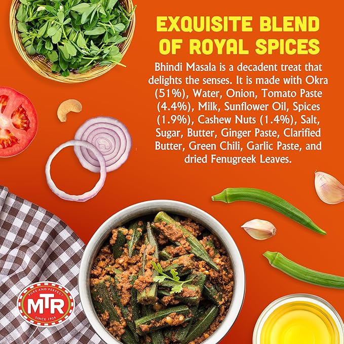 MTR - Bhindi Masala - Fried Okra in Spiced Gravy - Authentic Indian Ready To Eat Meal - Plant-Based, Delicious Microwave Food - Perfect for Quick and Nutritious Indian Cuisine Lovers - (Pack of 6)