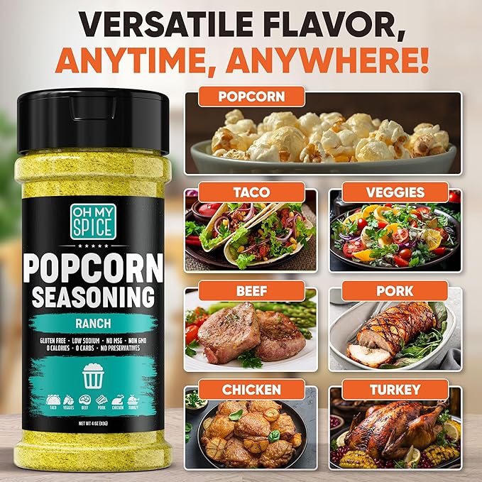 Popcorn Seasoning Variety Pack - Gluten Free & Low Sodium Ranch Seasoning Powder & Cheddar Cheese Powder Flavors. Pop Corn Gift Set. Pop Corn Flavorings Topping Variety Pack. Popcorn Seasonings Kit