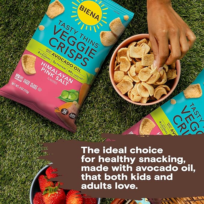BIENA Tasty Thins Veggie Crisps - Made with Avocado Oil - Low Calorie Veggie Chips for Adults and Kids - 4-Pack, 4 Ounce Bags - Himalayan Pink Salt