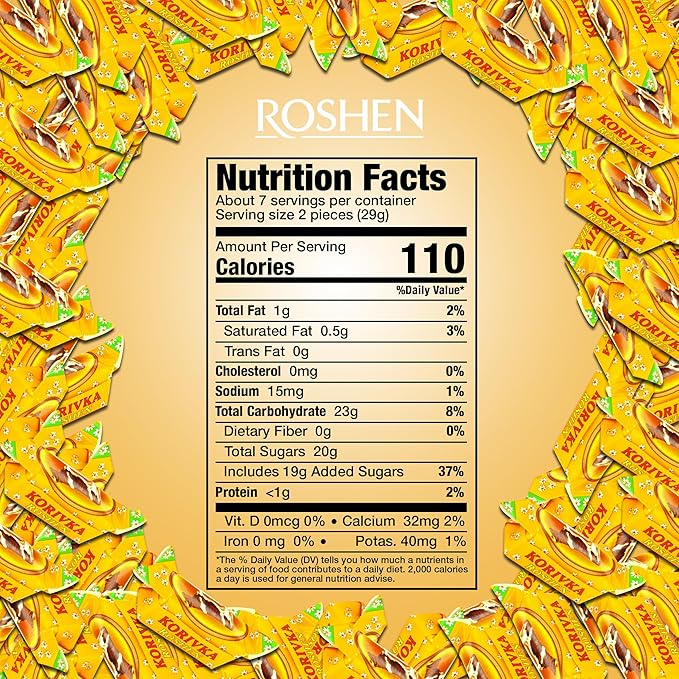 Roshen Korivka Milk Fudge Candy, 13.33oz (378g), Approx. 14 Pieces, Ukrainian Non-Glazed Dairy Fudge with Sugary Crust & Creamy Liquid Filling, Individually Wrapped, Kosher, Halal - Pack of 1