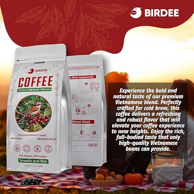 Birdee Vietnamese Coffee ??2.2 LB, Medium Roast Whole Bean, Arabica and Robusta Blend, Hand-Picked, Resealable Bag, Smooth Flavor, Low Acid, High Caffeine, Single-Origin