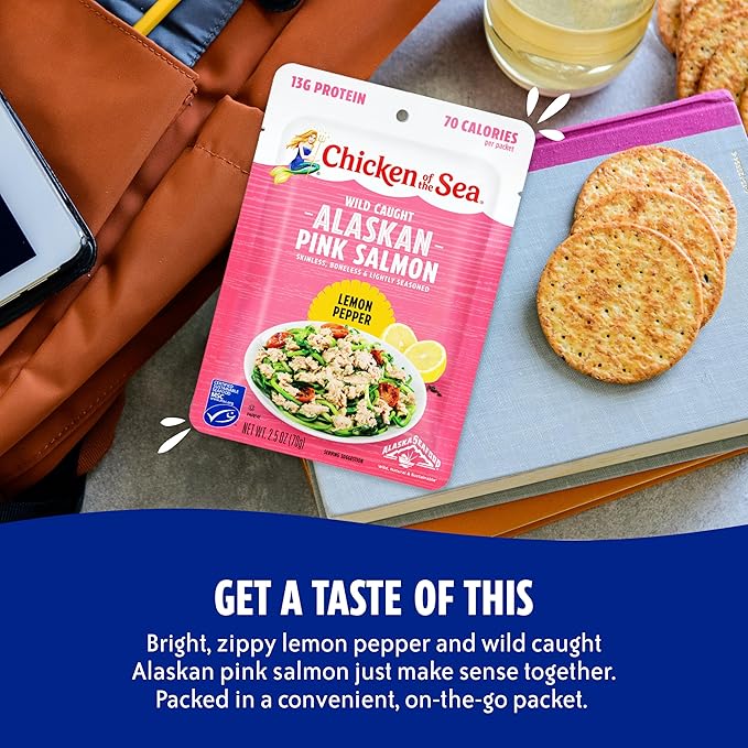 Chicken of the Sea Alaskan Pink Salmon, 2.5 Ounce Packets (Box of 12), Wild Caught Salmon, Lemon Pepper