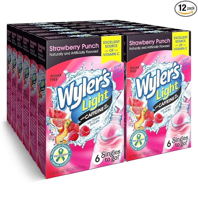 Wyler's Light Singles to Go Caffeinated Drink Mix - Strawberry Punch Powder Sticks (12 Boxes with 6 Packets Each - 72 Total Servings)