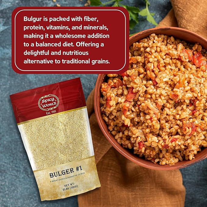 Bulgur Cracked Wheat Fine #1, 2 LB Bag (32oz) | USA Grown Bulgar Wheat for Tabouleh | 100% Natural & Pure | Great for Vegan Recipes by Spicy World