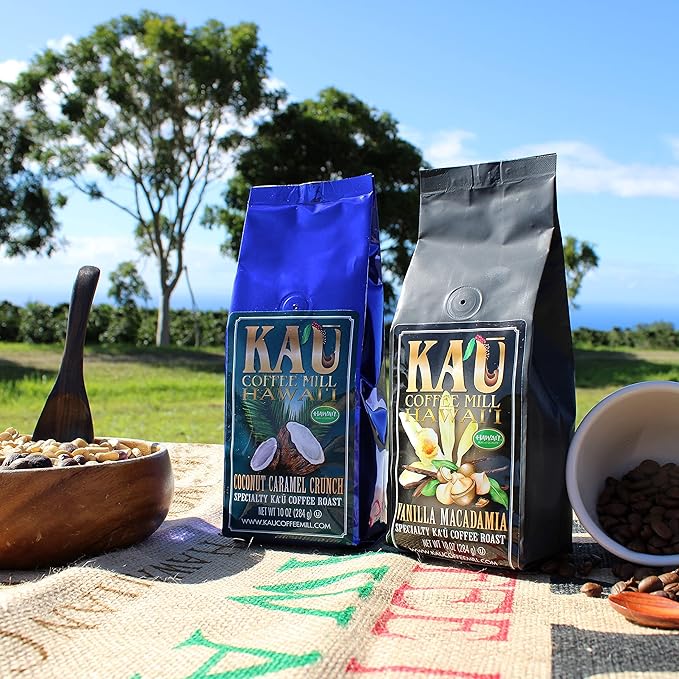 Ka'u Coffee Mill Handcrafted Coconut Caramel Crunch Flavored Coffee - Pure Kau Cafe from Hawaii Grown Arabica Beans - Gourmet Small Batch - 10oz