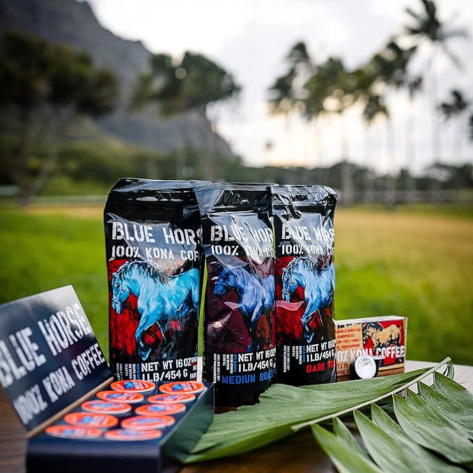 Blue Horse 100% Kona Coffee Pods, Medium Roast, 10ct Single Serve, Compatible with K Cups 2.0, Farm Fresh, Authentic Arabica Beans from Hawaii’s Big Island with a Smooth, Rich Flavor