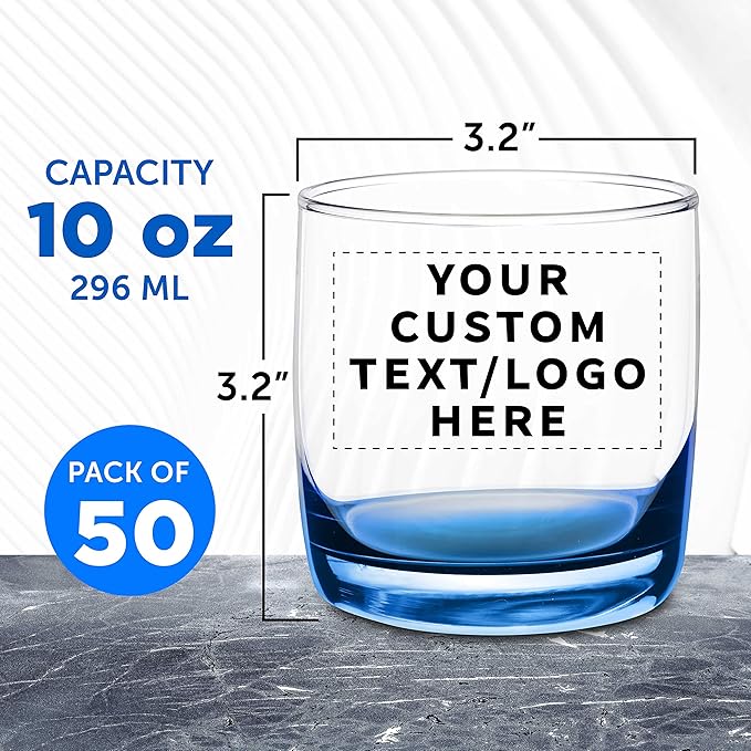 DISCOUNT PROMOS Custom Whiskey Glasses 10 oz Set of 50, Personalized Bulk Pack - Heavy Base Old Fashioned Glass, Perfect for Scotch, Bourbon, Whiskey, Cocktail - Blue Bottom Color