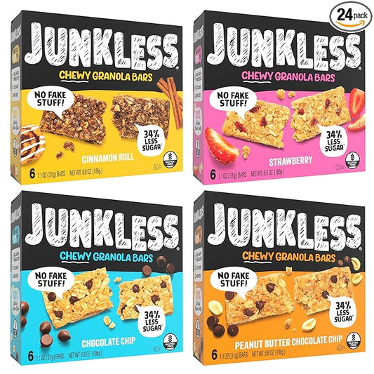 JUNKLESS Chewy Granola Bar 4?멑lavor Variety Pack (24 Bars)?밡on?멒MO, Gluten?멑ree, Less Sugar Snack Bars??Chocolate Chip, Peanut Butter Chocolate Chip, Cinnamon Roll & Real Strawberry, 4 Boxes