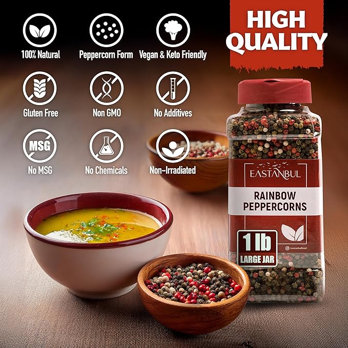 Eastanbul Rainbow Peppercorns for Grinder Refill, 1lb, Peppercorns Whole Rainbow White, Green, Pink, Black Pepper for Grinder Refills, Medley, Mixed, Assorted Pepper, Natural, Vegan, Non-GMO