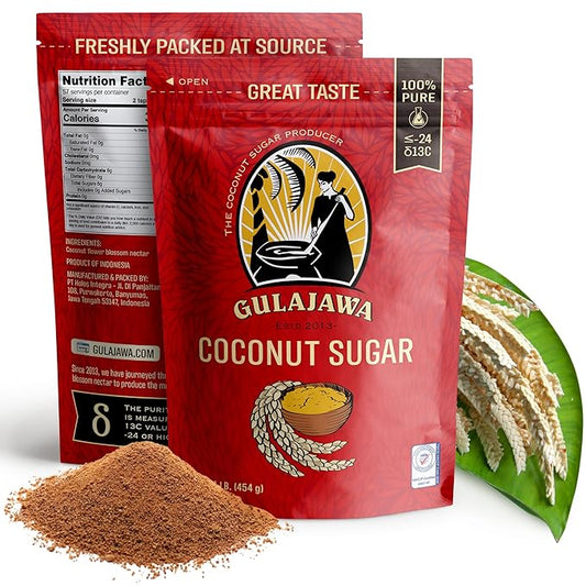 GULAJAWA Javanese Coconut Sugar for Coffee, Baking & Cooking Sauces. 100% Pure Premium Caramel-Toffee Flavor Golden Brown Coconut Palm Sugar. Great for Hot Cocoa, Desserts & Asian Cuisine. 1 lb