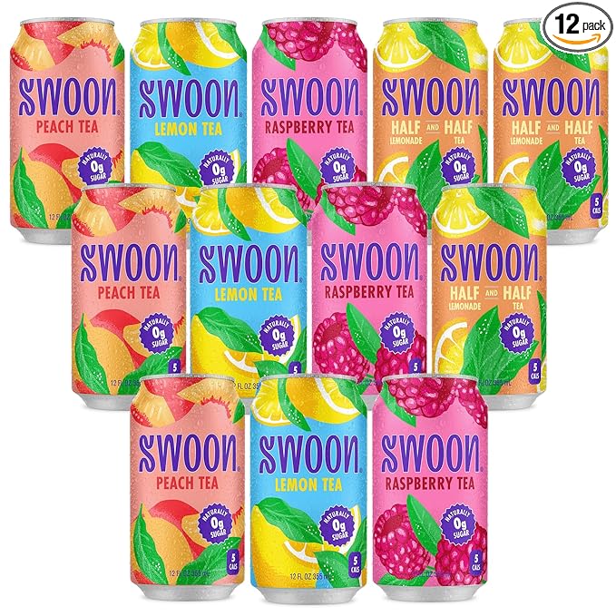 Swoon Sugar Free Iced Tea Classics Variety Pack - Zero Sugar Drinks in Lemon, Raspberry, Peach, Half & Half Flavours - Low Carb, Paleo-Friendly, Gluten-Free Keto Iced Tea - 12 fl.oz (Pack of 12)