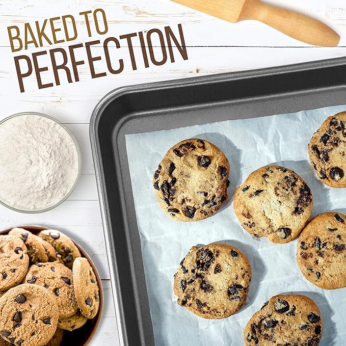 NutriChef 2-Piece Nonstick Stackable Cookie Sheets - Heavy Duty, Non-Toxic Carbon Steel Bakeware Trays, Easy Clean, Warp-Resistant, Large & Medium Sizes - Dishwasher Safe - Gray
