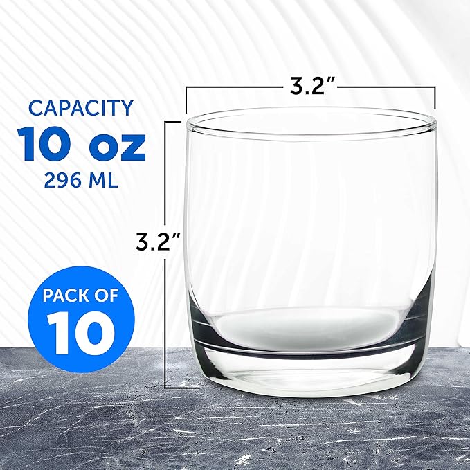 DISCOUNT PROMOS Whiskey Glasses 10 oz Set of 10, Bulk Pack - Heavy Base Old Fashioned Glass, Perfect for Scotch, Bourbon, Whiskey, Cocktail - Clear Bottom Color