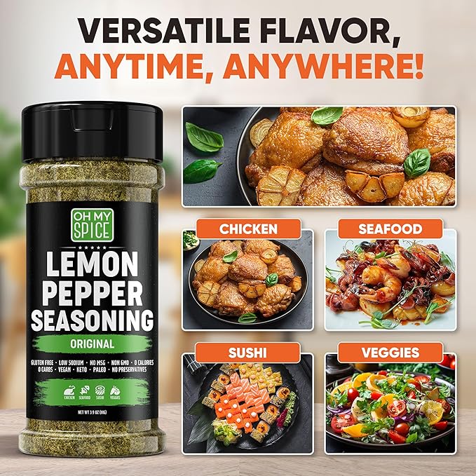 Chicken Seasoning Lemon Pepper Seasoning - Gluten Free & Low Sodium Lemon and Pepper Seasonings for Turkey, Seafood & Vegetable. Poultry Seasonings. Salad, Salmon & Chicken Dust for Grilling. 3.9oz