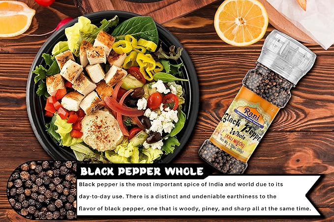 Rani Black Pepper Whole (Peppercorns), Premium MG-1 Grade 1.8oz (51g) Grinder Bottle ~ All Natural | Gluten Friendly | Non-GMO | Kosher | Product of Vietnam | Perfect size for Grinders!
