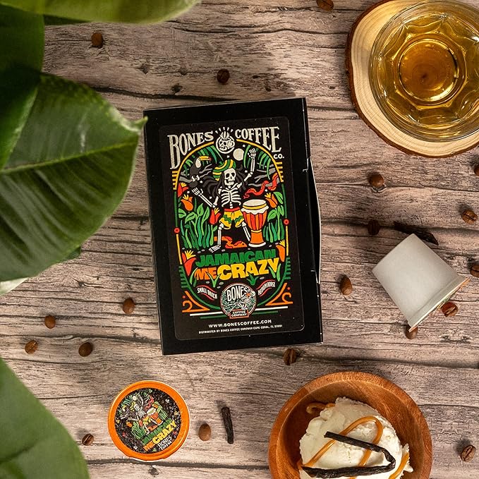 Bones Coffee Company Flavored Coffee Bones Cups Jamaican Me Crazy Flavored Pods | 12ct Single-Serve Coffee Pods Compatible with Keurig 1.0 & 2.0 Keurig Coffee Maker