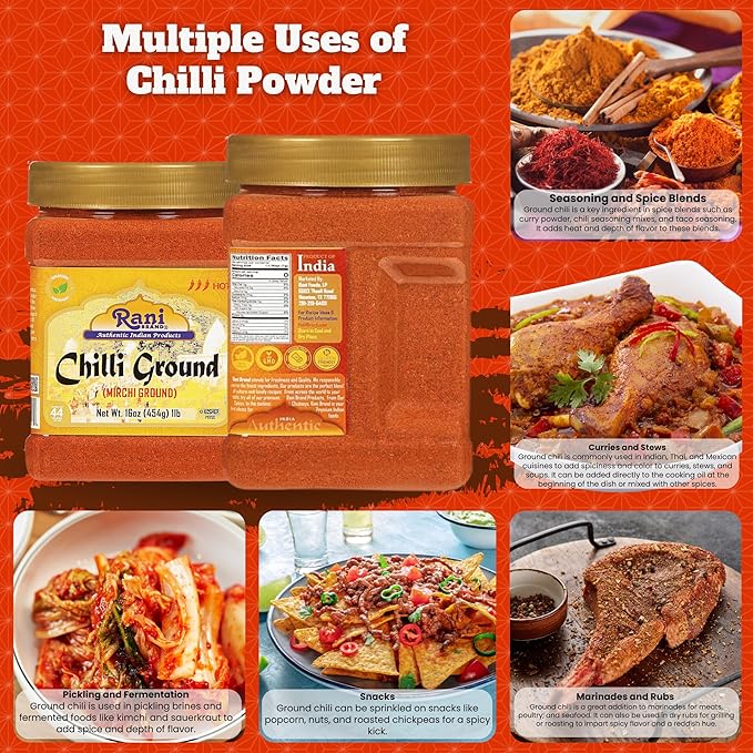 Rani Chilli Powder (Mirchi) Ground Indian Spice 16oz (1lb) 454g PET Jar ~ All Natural | Salt-Free | Vegan | No Colors | Gluten Friendly | NON-GMO | Kosher | Indian Origin
