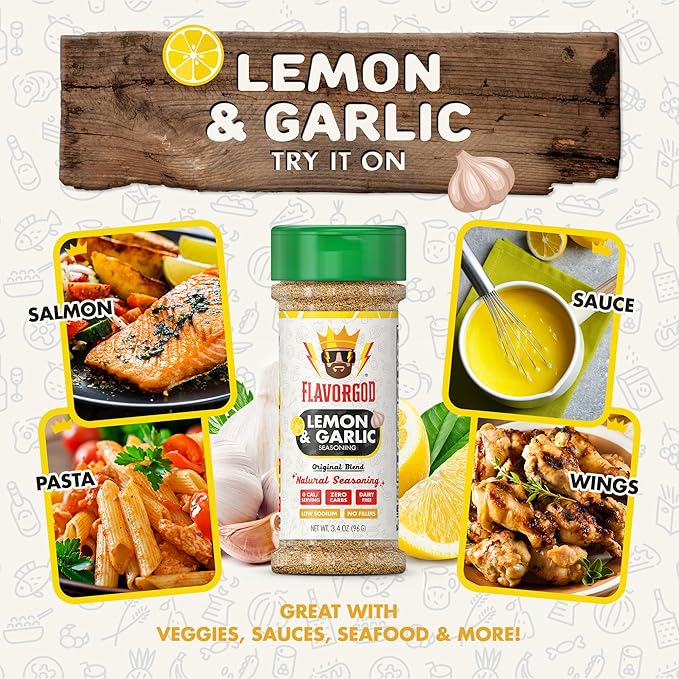 Lemon Garlic Seasoning Mix by Flavor God - Premium All Natural & Healthy Spice Blend for Chicken, Seafood, Salads & Vegetables - Kosher, Low Sodium, Dairy-Free, Vegan & Keto Friendly - Great Flavor Spices and Seasoning Gift