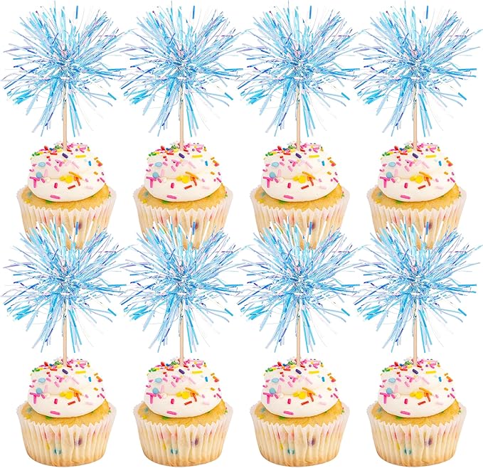 30 PCS Foil Firework Cupcake Toppers Happy Birthday Cupcake Toppers Sparkle Tinsel Flower Drink Stirrers Cocktail Fruit Toothpicks for Valentine's Day Baby Shower Party Cake Decor Supplies Blue