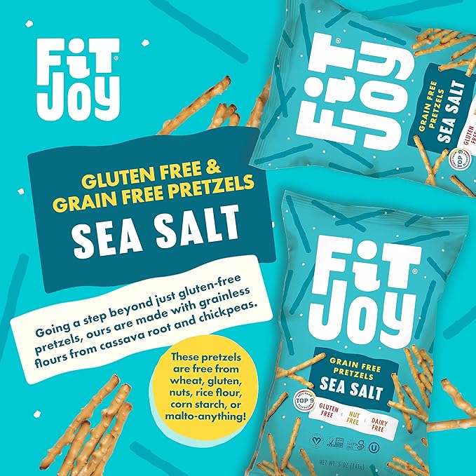 FitJoy Sea Salt Pretzels (Pack of 6, 5 Oz) - Dairy, Nut & Gluten Free Snacks - Grain Free Cassava Root & Chickpea Flour Vegan Pretzel Sticks - Classic Snack Pretzels for Moms, Children and More