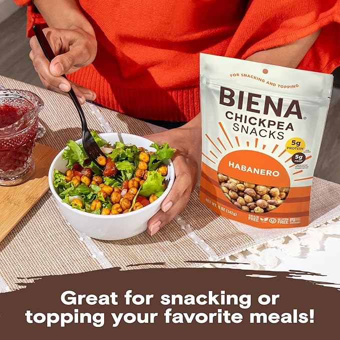 BIENA Chickpea Snacks - Crunchy Roasted Chickpeas - High Fiber Vegan Protein Snacks for Adults and Kids - 8-Pack, 5 Ounce - Habanero