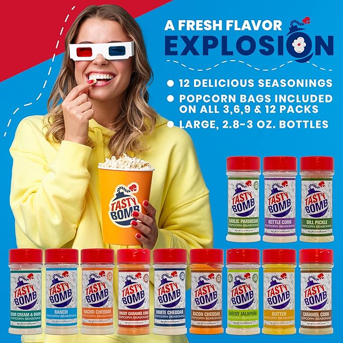 Flavorful Popcorn Seasoning Variety Pack ??6 Seasonings in White Cheddar Cheese, Ranch, Garlic Parmesan & More ??Gluten-Free Keto Snack for Movie Nights & Gifts by Tasty Bomb, 2.8-3 Oz.