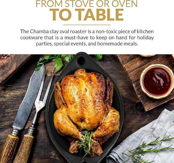 Authentic Chamba Oval Roaster w/Cover - Elegant, All-Natural Black Clay Dutch Oven for Braising, Baking, Roasting Chicken - Stovetop & Oven Safe – Earthenware, Handmade in Colombia – X-Large 5.5 qt.