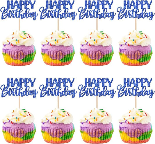 30 PCS Happy Birthday Cupcake Toppers Glitter Happy Birthday Cupcake Picks for Celebrating Birthday Anniversary Theme Party Cake Decorations Supplies Dark Blue