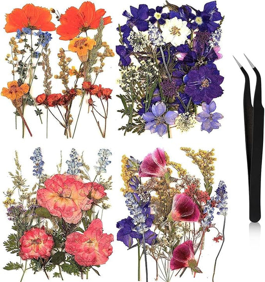 Nuanchu Pressed Flowers Bulk Dried Flower for Crafts, Dried Wildflowers Leave Natural with Tweezer for Resin Mold Scrapbooking Nail Soap Making DIY(Gorgeous Style,Multi Color)