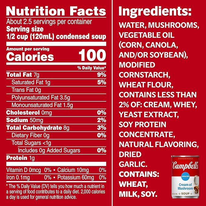 Campbell's Condensed Unsalted Cream of Mushroom Soup, 10.5 oz Can