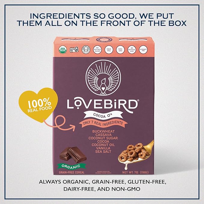 Lovebird Organic Gluten Free Cereal, Cocoa Flavor ??Prebiotic Fiber, Gut Health, Low Sugar, Grain Free, Breakfast or Snack ??Healthy Cereal Made With Real Food, 3 Pack