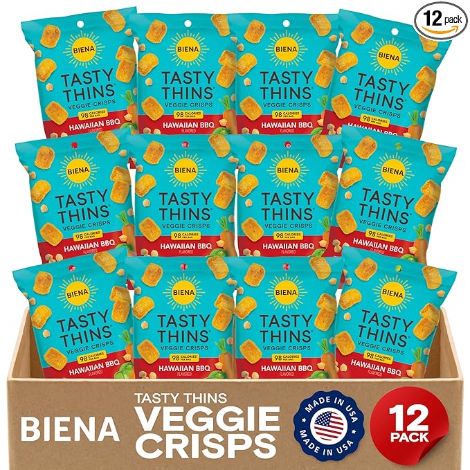 BIENA Tasty Thins Veggie Crisps ??Hawaiian BBQ, 0.75 Ounce (Pack of 12) ??Chickpeas & Veggies, Vegan, Gluten Free, Dairy-Free, Non-GMO, Allergy-Friendly, Healthy On-The-Go Snack for Kids & Adults