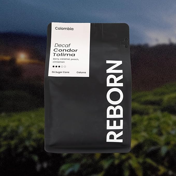 Reborn Coffee Specialty Whole Bean Decaf Coffee, Medium Roast, 12 Ounce, Colombia Condor Tolima, Flavor Notes of Berry, Caramel, Peach, and Cinnamon