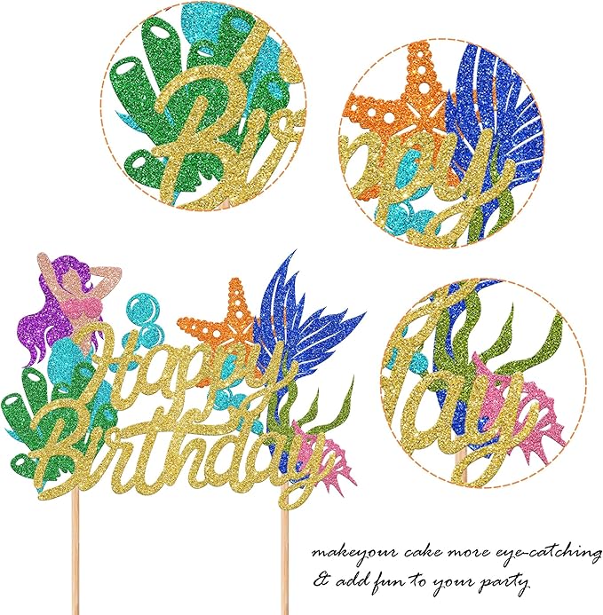 1 Pack Mermaid Cake Topper Happy Birthday Cake Pick Ocean Sea Seahorse Starfish Mermaid Tail Cake Decoration for Summer Baby Shower Kids Birthday Party Supplies Gold