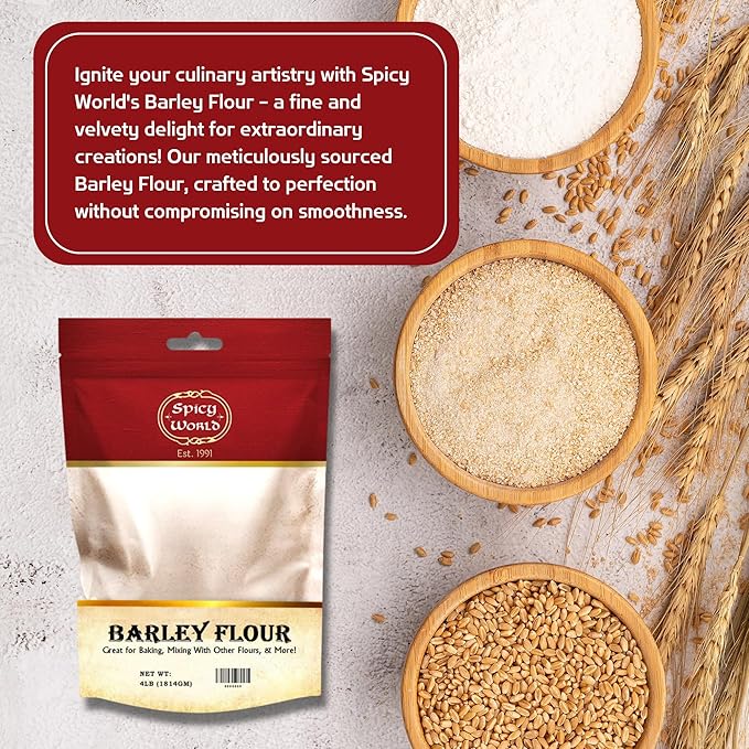 Spicy World Barley Flour - 4 lb (64oz) Bag | All-Natural, Raw, USA Grown | Versatile Barley Grain for Baking, Cooking, and More | Rich Source of Fiber