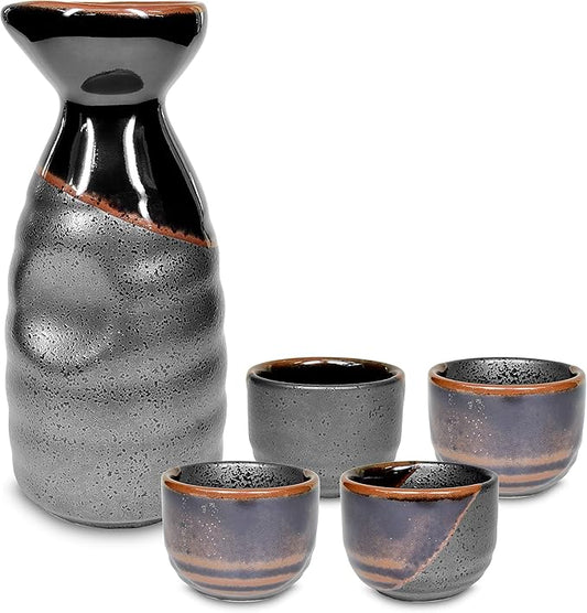 Product of Gifu Japan Japanese Sake Set, 1 Tokkuri Bottle Carafe and 4 Ochoko Cups Ceramic Sake Glasses, 5 Piece Set, Black Kuro Oribe