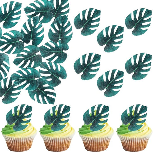 48 Pack Edible Tropical Turtle Leaf Cupcake Toppers Palm leaves Cake Picks for Summer Jungle Theme Baby Shower Kids Birthday Cake Decorations Party Supplies