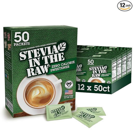 Stevia In The Raw, Plant Based Zero Calorie, Sugar Substitute, No Erythritol, Sugar-Free Sweetener for Coffee, Hot & Cold Drinks, Suitable For Diabetics, Vegan, Gluten-Free, 50 Count Packets (12 Pack)
