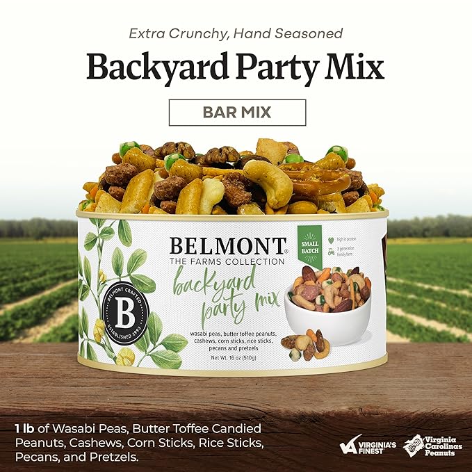 Belmont Peanuts Backyard Party Mix, 18 oz (Pack of 1) | Butter Toffee Peanuts, Wasabi Peas, Cashews, Corn & Rice Sticks, Pecans, Pretzels | Simple Ingredients, No Preservatives, Hand-Seasoned