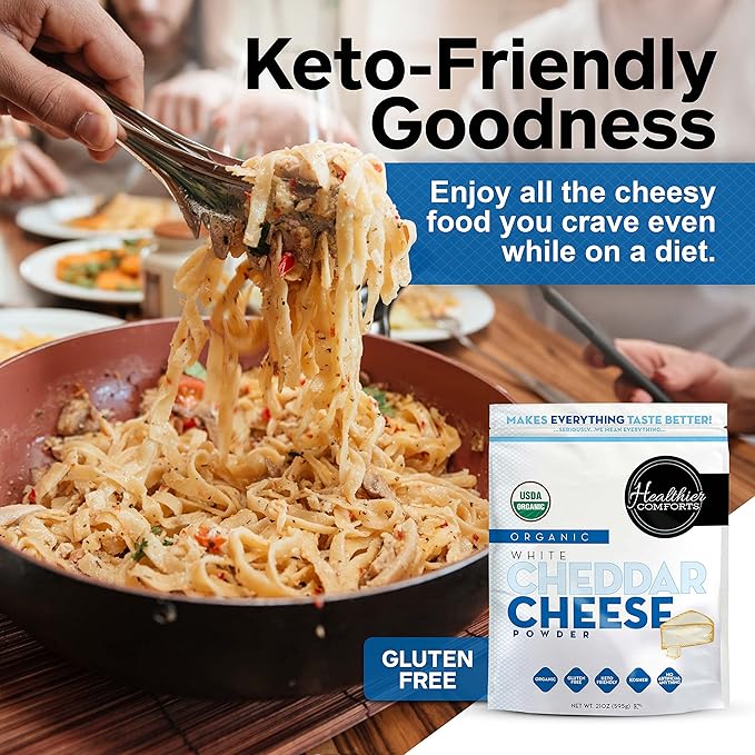 Healthier Comforts Organic White Cheddar Cheese Powder | Gluten Free, Kosher, Keto-Friendly, Non-GMO, Antibiotic & Hormone Free | Perfect for Popcorn Seasoning, Mac and Cheese, Pasta & Sauces (21 oz)