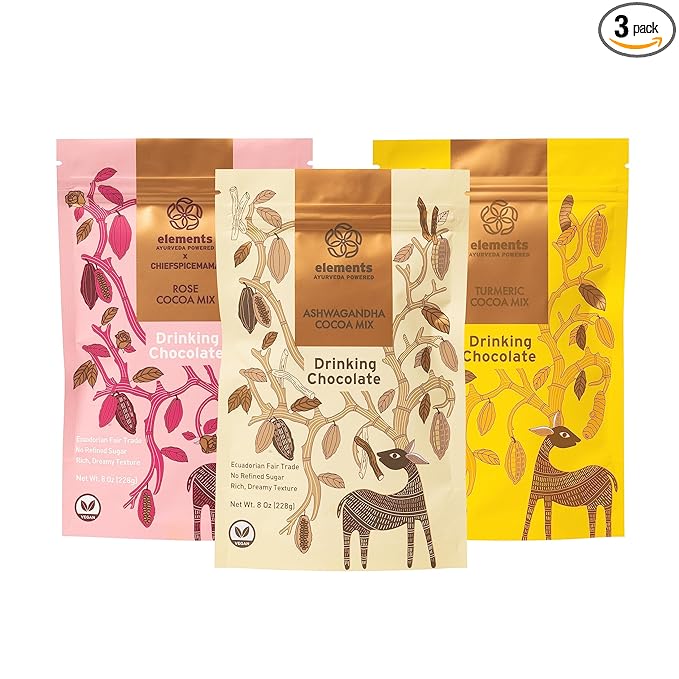 Elements Truffle Dark Hot Chocolate Variety 3 Pack- Ashwagandha, Rose & Turmeric- Heavy Metal Tested- Raw, Vegan, Ethically Sourced, Plant Based- Ayurveda Inspired -8 oz Pack of 3