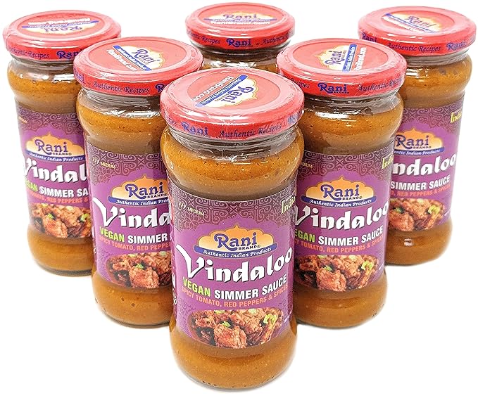 Rani Vindaloo Curry Vegan Simmer Sauce (Spicy Tomato, Red Peppers & Spices) 14oz (400g) Glass Jar, Pack of 5 +1 FREE ~ Easy to Use | Vegan | No Colors | NON-GMO | Gluten Free | Indian Origin