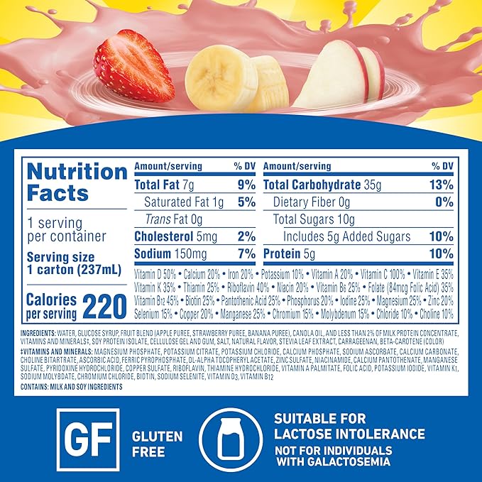 Carnation Breakfast Essentials Fruit and Protein Smoothie Nutritional Drink, Strawberry Banana, 24 – 8 fl oz Cartons
