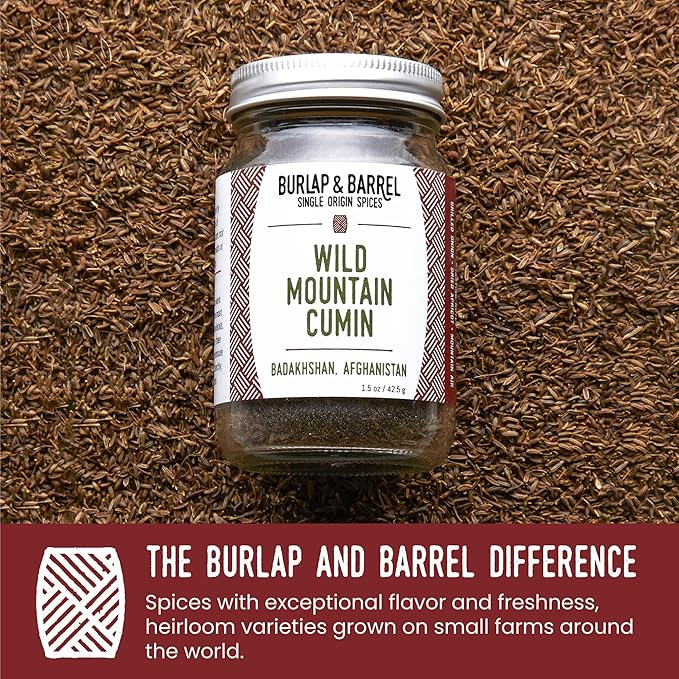 Burlap & Barrel Wild Mountain Cumin ??Savory, Aromatic, and Bright Umami Flavor ??Whole & Ground Cumin Seeds ??As Seen On Shark Tank - 1.8oz Glass Jar