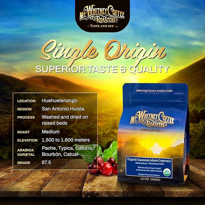 Mt. Whitney Guatemala Adiesto Cooperative Organic, Low Acid, Whole Bean Coffee - Coffee Beans - (Whole, 12oz)