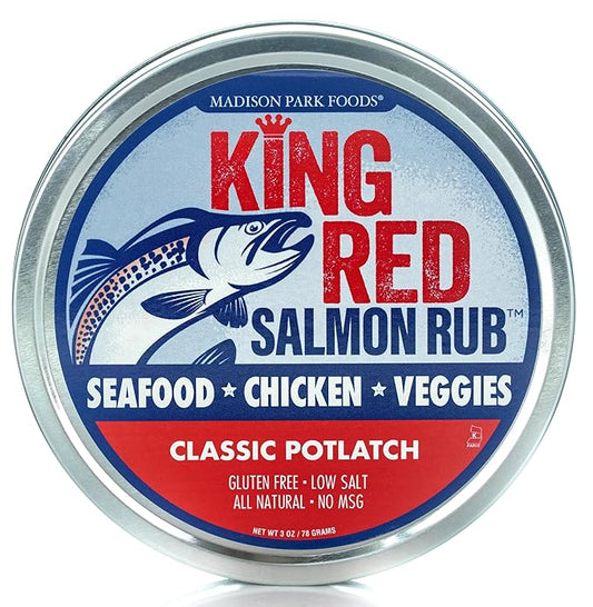 King Red Salmon Rub ??Classic Potlatch Seasoning Dry Spice Blend - Grilled Salmon, Seafood and Veggies ??All Natural, Gluten-Free, Keto, Low Salt and No MSG ??3oz Fresh-Sealed Pouch in Reusable Tin