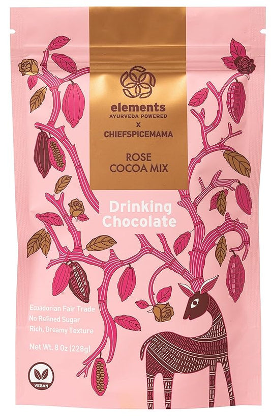 Elements Truffles Rose Essential Oil Hot Chocolate - Heavy Metal Tested- All-Natural, Handmade Hot Chocolate Mix - Uses Ecuadorian, Fair Trade, Organic Cacao Powder - Vegan Hot Cocoa Mix - 8 Oz