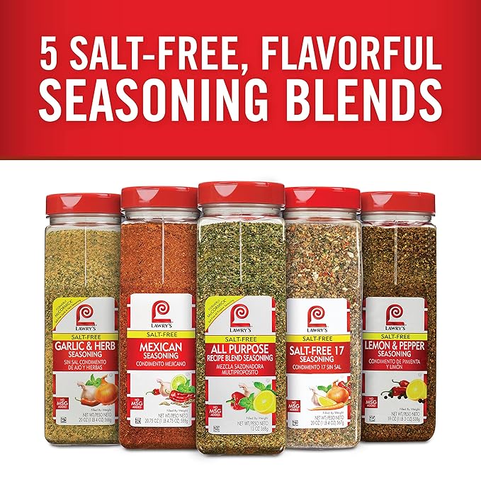 Lawry's Salt Free 17 Seasoning, 10 oz - One 10 Ounce Container of 17 Seasoning Spice Blend Including Toasted Sesame Seeds, Turmeric, Basil and Red Bell Pepper for Seafood Poultry and Beef