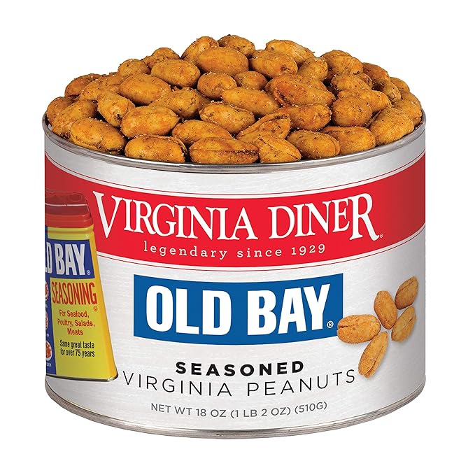 Virginia Diner Old Bay Seasoned Virginia Peanuts - Non-GMO, Preservative Free Spicy Old Bay Nuts from Virginia Since 1929-18 Oz Can